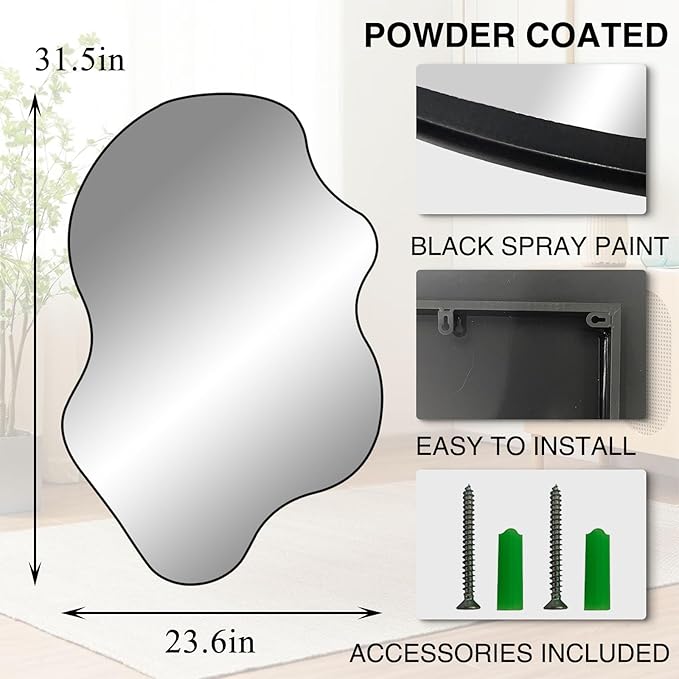 Irregular Mirror, Asymmetrical Wall Mirrors, 31.5"x23.6" Waved Shaped Mirror, Modern Frameless Decorative Mirrors for Living Room Bathroom Bedroom Hallway Entryway Fireplace
