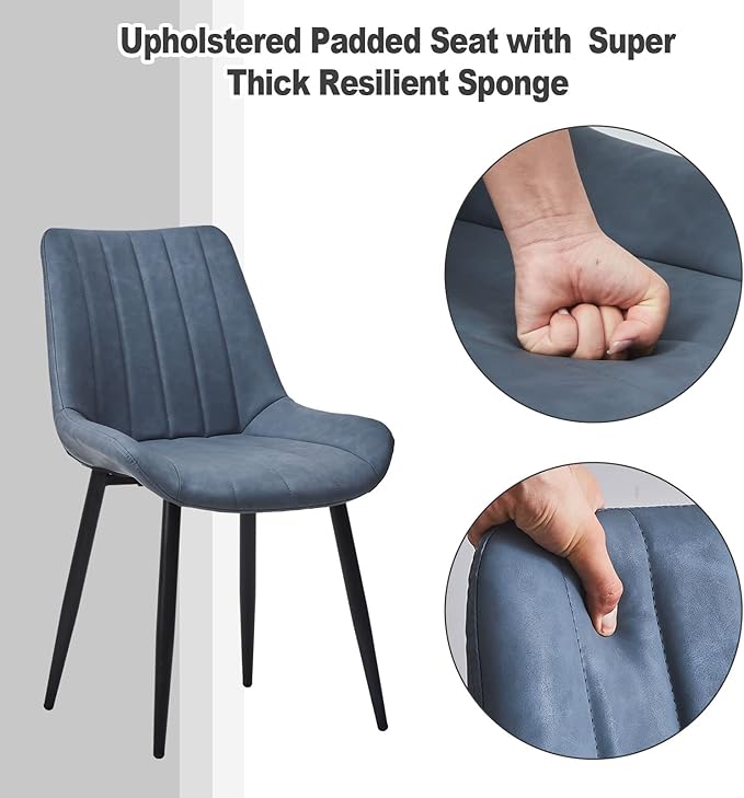 TUKAILAi Faux Leather Dining Chairs Set of 6, Modern Linear Design Kitchen Chairs with Upholstered Seat and Metal Legs, Comfortable Side Chairs for Dining Room Restaurant Commercial (Blue)