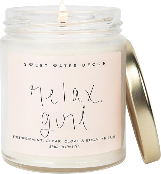 Sweet Water Decor Relax Girl, Peppermint, Cedar, Clove, and Eucalyptus Scented Soy Wax Candle for Home | 9oz Clear Jar, 40 Hour Burn Time, Non Toxic, Made in The USA