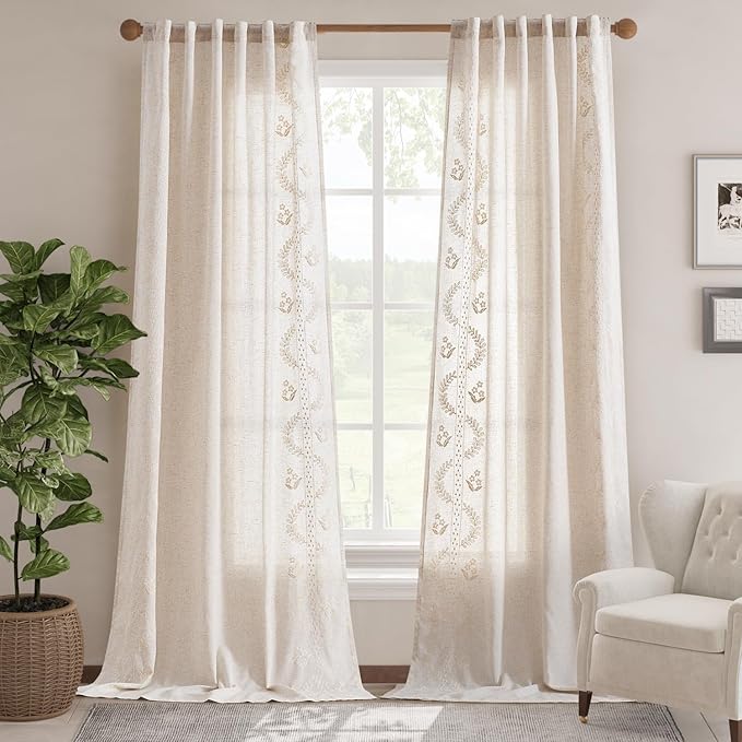 jinchan Belrose Linen Curtains for Bedroom Floral Curtains 108 Inch Length Linen Blend Ivory Embroidered Drapes Farmhouse Flower Patterned Drapes for Living Room Window Treatments Set 2 Panels