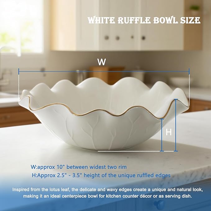 10" Large White Ruffle Lotus Design with Gold Trim Ceramic Fruit Bowl, Decorative Leaf Floral Bowl for Coffee Table Kitchen Counter and Home Decor Approx Capacity 45 fl oz