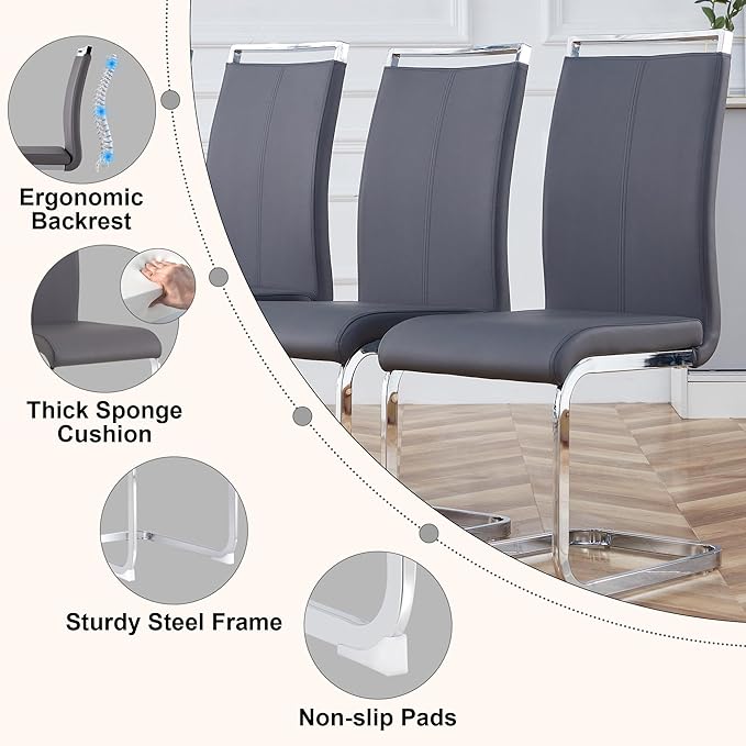 Glass Dining Table Set of 6, 63" Dinner Room Glass Table Set for 6, Modern Kitchen Dinner Table Set with 6 Upholstered Faux Leather Dining Chairs for Living Dining Office Room