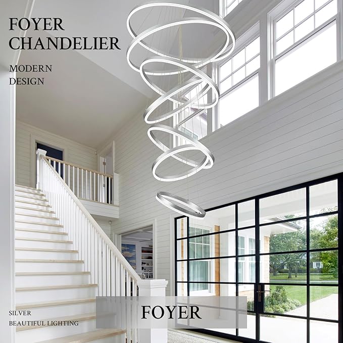 7-Rings D31.5’’ Modern LED Chandelier Silver Dimmable High Ceiling Chandeliers Foyer with Remote Control for Staircase Entryway Dining Room Living Room, 3000K-6500K
