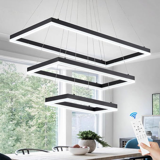 3 Rings Modern LED Chandelier Black 31.5inch Rectangle Dimmable LED Pendant Light with Remote Control 3 Tier Flush Mount High Ceiling Light for Dining Living Room Foyer(3000K-6500K, H71)