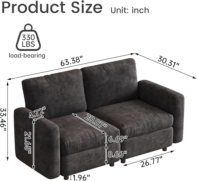 2-Seat Modular Sofa Couch Grey with Ergonomic Cushions, Convertible Sleeper Sectional for Living Room Bedroom Apartment, Cloud Futon Lounge Furniture Set for Small Spaces Compact Loveseat