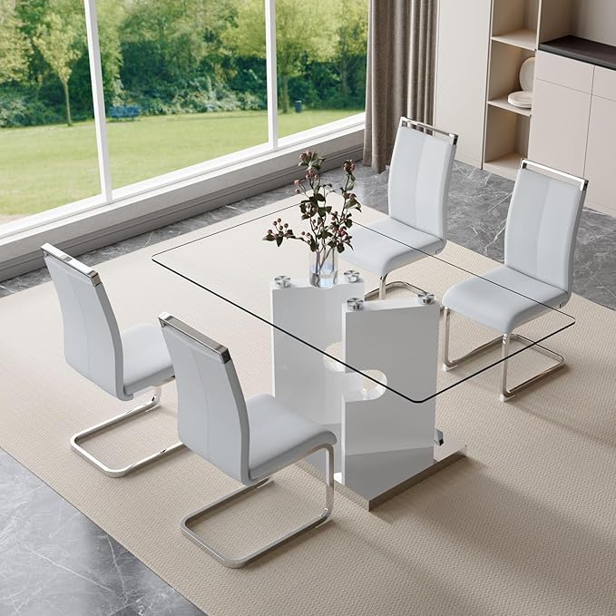 Glass Dining Table Set of 4, 63" Dinner Room Glass Table Set for 4, Modern Kitchen Dinner Table Set with 4 Upholstered Faux Leather Dining Chairs for Living Dining Office Room
