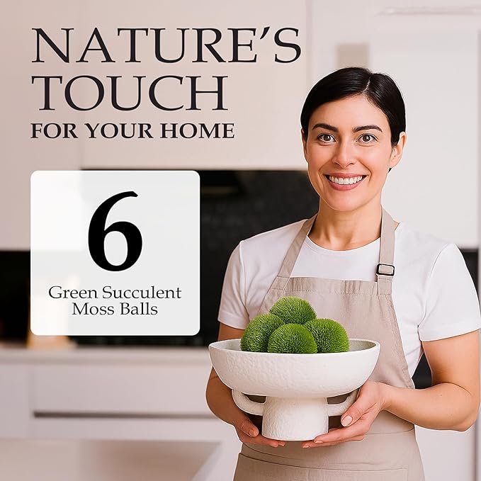 Luxurious White Textured Ceramic Bowl and Greenery Set,12.5x10.5 Inch Pedestal Decorative Bowl, with 6 Green Succulent Moss Balls, Counter Top, Farmhouse Table Centerpiece, Living Room, Kitchen Decor
