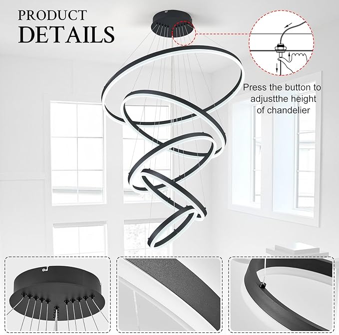 5-Rings D31.5’’ Modern LED Chandelier Black Dimmable High Ceiling Chandeliers Foyer with Remote Control for Entryway Living Room Dining Room Staircase, 3000K-6500K