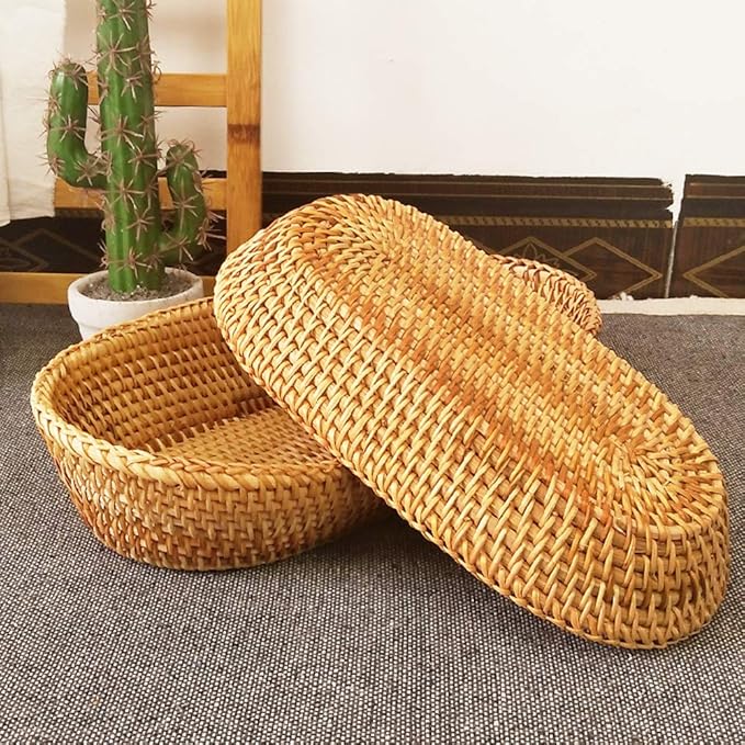 i-lan Large Size Handmand Oval Bread Serving Basket, Natural Rattan Fruit Bowl, Coffee Table Tray for Food Storage, Snack, Vegetable, Honey Brown （L: 12.5")