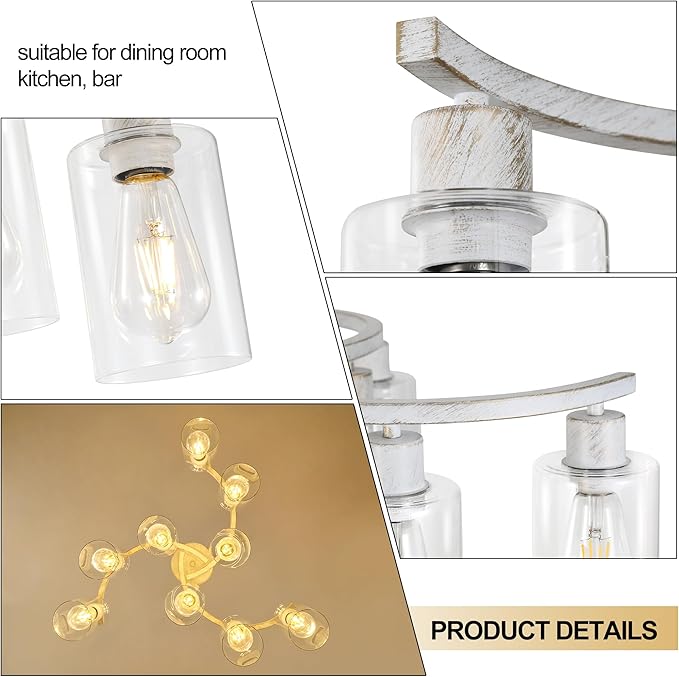 9-Light Antique White Chandelier with Clear Glass Shade, French Country Chandeliers for Dining Room, Adjustable Height Hanging Chandelier for Kitchen Island Living Room Foyer Bedroom