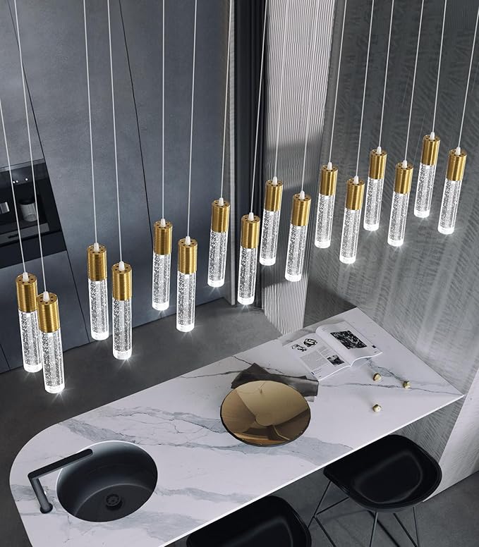 16-Lights Modern Crystal Rectangular Chandeliers LED Pendant Light for Kitchen Island High Ceiling Chandelier for Dining Room Entrance Foyer Living Room Gold