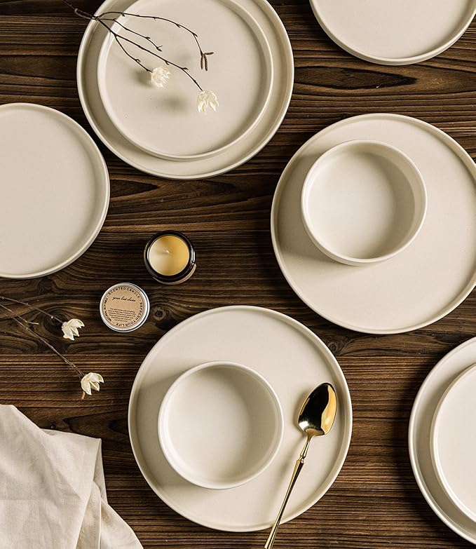 TheTerra Ceramic Dinnerware Sets for 4, 12 Pieces Handmade Reactive Glaze Plates and Bowls Set, Scratch Resistant Dish Set, Oven & Microwave & Dishwasher Safe, Matte White