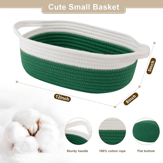 OIAHOMY Gift Basket Empty with Handle, 12"x 8"x 5" Small Woven Basket with Gift Bag, Ribbon and Wrap Tissue Paper, Dog Toy Storage for Organizing - Green & White