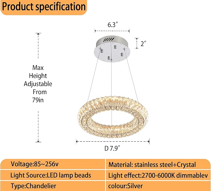 Modern Crystal Chandelier Dimmable LED 7.8" Ring Pendant Light Adjustable Round Chrome Crystal Chandelier Light Fixtures for Dining Room Living Room