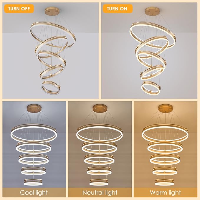 5-Rings Modern LED Chandelier Gold Dimmable Large High Ceiling Chandeliers Foyer, Remote Pendant Lighting for Foyer Entryway Dining Room Living Room Staircase(10-Ring Lighting, D29.5)