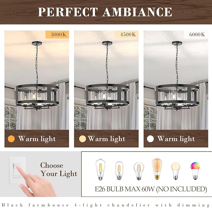 4-Light Farmhouse Chandelier, 20" Black Light Fixture with Glass Shade Modern Drum Lighting Fixtures Ceiling Pendant Lamp for Dining Room Kitchen Island Entrance Foyer Living Room Bedroom