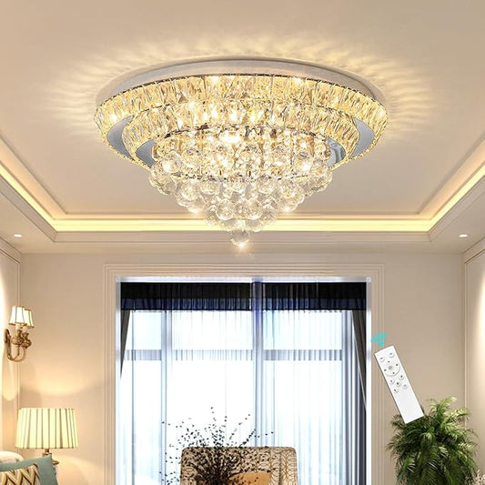 Modern Glam Crystal Chandelier Dining Room Bedroom Ceiling Lights Chandelier with Dimmable Bulbs Ceiling Lighting Fixture 23.6 Inches Silver Light