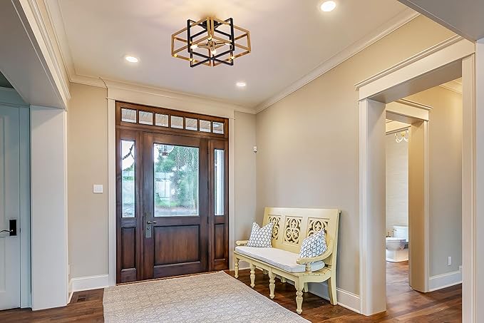 TOCHIC Flush Mount Ceiling Light, Black Gold Farmhouse Flush Mount Chandelier 4 Lights Industrial Metal Light Fixture for Dining Room, Living Room, Foyer, Hallway, Bedroom