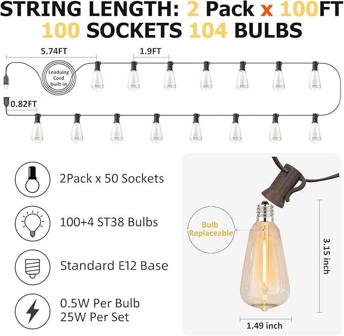 200FT Outdoor Edison String Lights for Outside LED Waterproof 2200K Patio Lights with 104 ST38 Shatterproof Plastic Bulbs Soft Warm Bistro Lights Outdoor Connectable for Gazebo Pergola 2Pack x 100FT