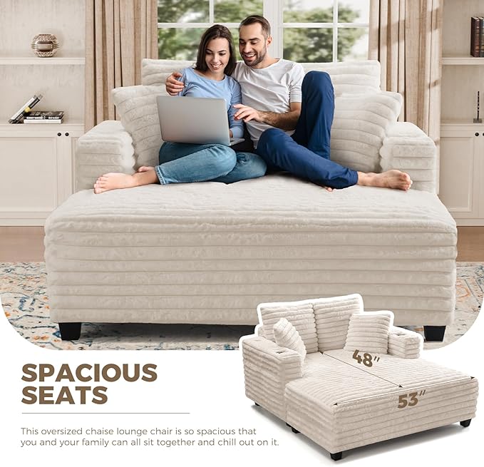 HUSFU 60'' Oversized Chaise Lounge Chair, Upholstered Sofa Bed, Sleeper Couch Reading Chairs with USB Port and Cup Holders,Comfy Cloud Sofas Couches for Living Room,Beige