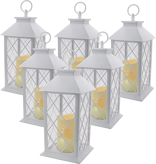 YAKii 13" Decorative Candle Lantern with LED Flameless Candle and Timer, Plastic LED Candle & Holder, Indoor & Outdoor Hanging Lights,Christmas Day Decoration Pack of 6 (White)