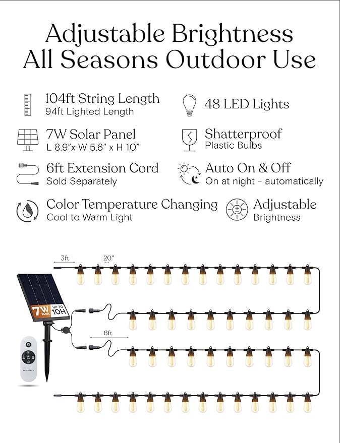 Brightech 104 (52x2) FT Ambience Pro Solar Powered Outdoor LED String Lights - Waterproof Remote Control Lights - 48 Bulbs, 7W Solar Powered Color Changing White Light for Camping, Patio, Garden