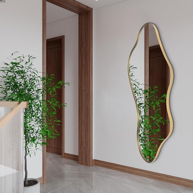 Large Irregular Mirror, Asymmetrical Mirrors Full Length, 55"x25.6" Wavy Shaped Mirror with Metal Frame, Gold Decorative Abstract Mirrors for Living Room Bathroom Bedroom Hallway Entryway