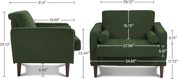 UIXE Accent Chairs Set of 2, Corduroy Fabric Upholstered Armchair Mid-Century Modern Arm Chair for Living Room, Comfy Single Sofa Bedroom Side Reading Seat - Green