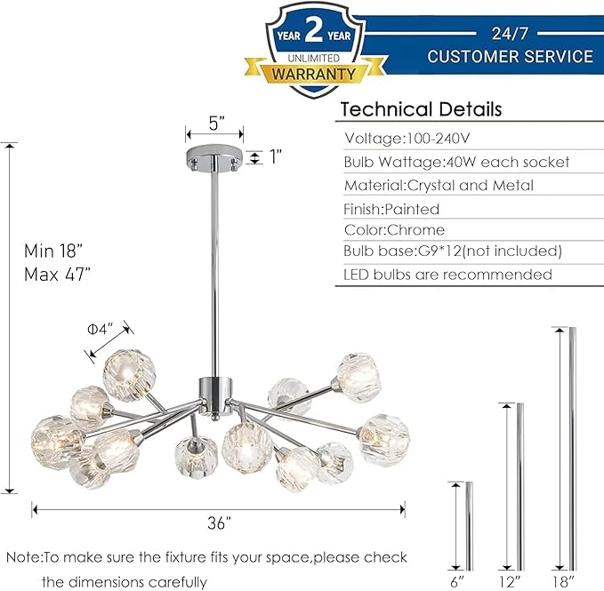 Sputnik Chandeliers for Dining Room Light Fixture Over Table, Modern Crystal Chandeliers, 12 Lights Chrome Lighting Fixtures for Living Room Bedroom Kitchen Island Bar