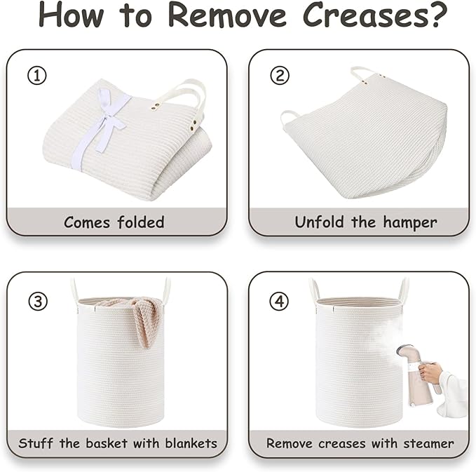 VIPOSCO Tall Laundry Basket, Large Dirty Clothes Hamper with Leather Handle, Woven Rope Storage Basket for Blanket, Toy In Living Room, Bathroom, Bedroom - 58L White