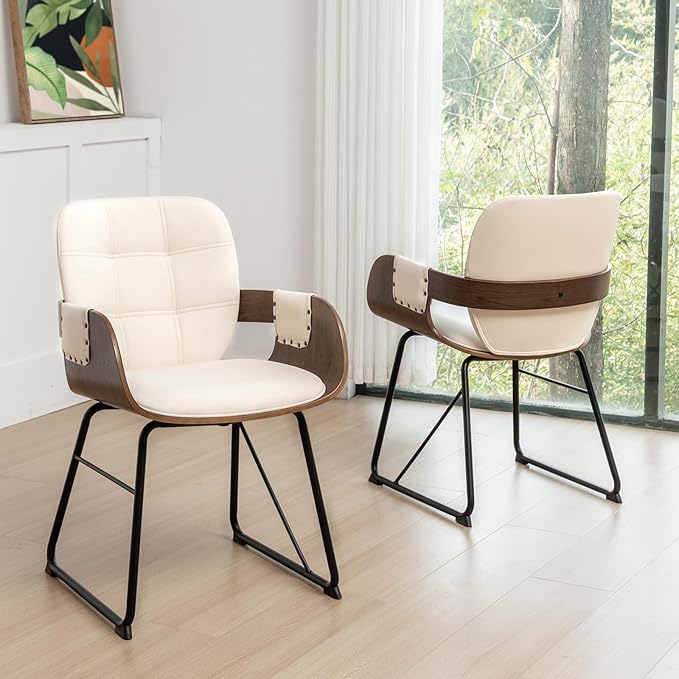 Set of 2 Mid Century Modern Dining Chairs - Mcm Dining Chairs with Upholstered Seat, Cushion Arm, High Back, Metal Legs, Faux Leather, Ideal for Kitchen/Living Room/Dining Room (Modern Beige)