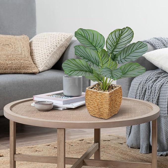 Briful Fake Plants Potted Calathea orbifolia Artificial Plants Indoor Realistic Greenery Faux Plants in Square Plastic Rattan Baskets for Home Decor Farmhouse Office Weddings