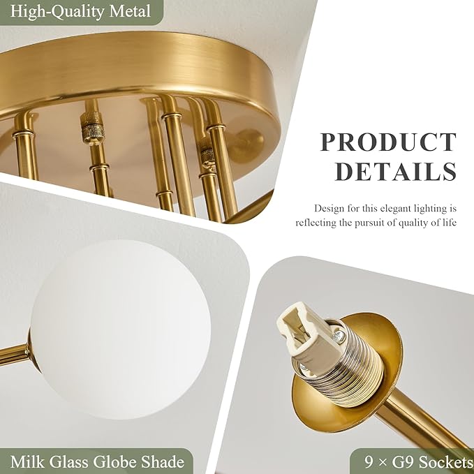 Semi Flush Mount Ceiling Light Fixture,Modern Gold Globe Sputnik Chandeliers 9-Light Mid Century Milk Glass Chandelier for Dining Room,Kitchen Island,Bedroom,Living Room,Entryway,Foyer,33 Inch