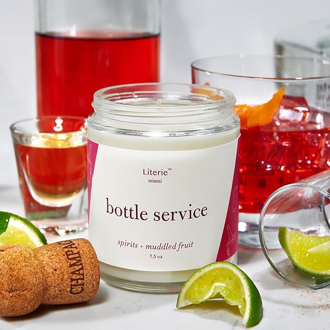 Literie Miami Inspired Scented Candle: Bottle Service - Spirits & Muddled Fruit Scent, 7.5oz, 40 Hour Burn, Vegan Soy & Coconut Blend Candle for Home Decor, Gift for Women & Men