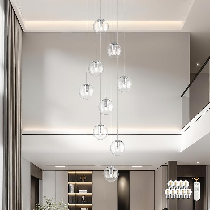 KoKo&Yukina 9-Light Globe Glass Pendant Light Adjustable Length Pendant Lights Fixtures Modern Nickel Clear Globe Glass Chandelier High Ceiling Lights Fixtures for Staircase (Bulb & Remote Incl.)