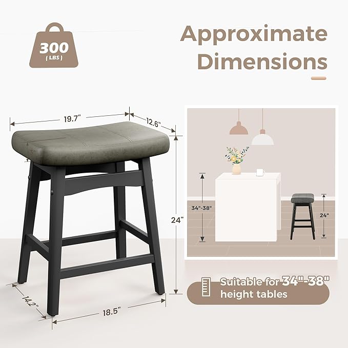 MAISON ARTS Grey Counter Height Bar Stool for Kitchen Counter Solid Wood Legs with Faux Leather Saddle Seat Farmhouse Barstool for 34"-38" Counter Island Upholstered Stool, 24in Height, 1pc