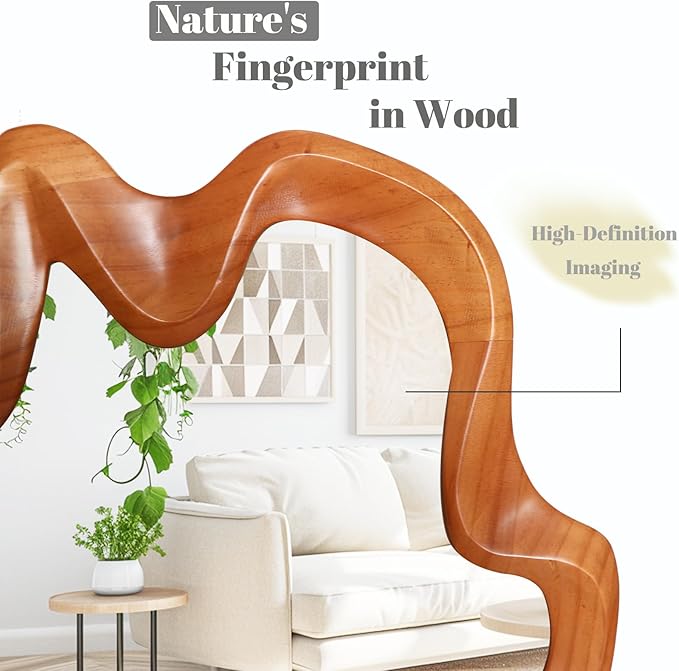 Gluck Plants Irregular Wall Mirror,21x20 Walnut Wooden Framed Asymmetrical Farmhouse Modern Unique Cloud Wavy Wood Mirror for Bathroom Living Room Bedroom Entryway Hallway