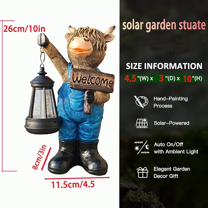 Solar Garden Statues -Highland Cow Lantern Outdoor Handmade Resin Statue with LED Light, and Welcome Holder for Patio, Yard, Gift Ideas (cow2)