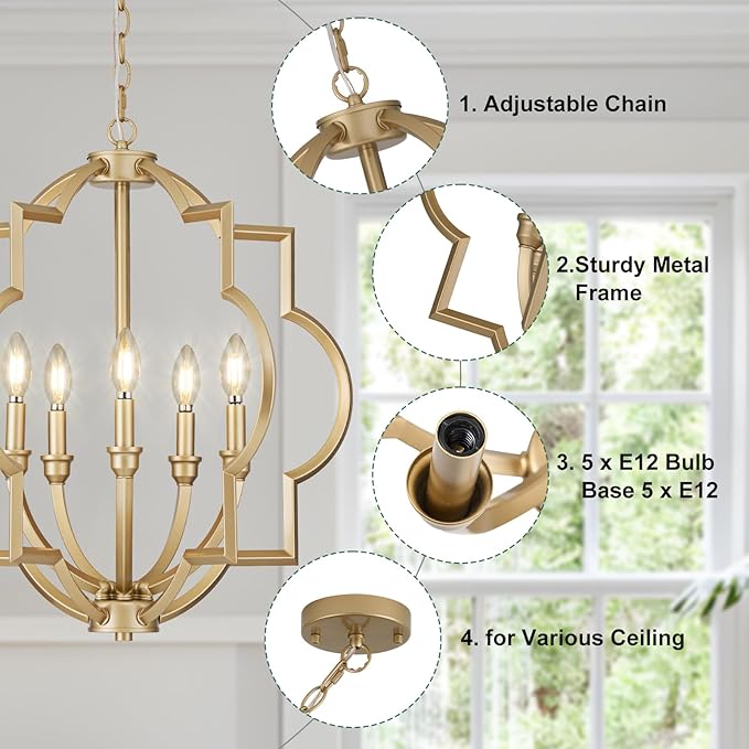 5 Light Gold Orb Chandelier for Dining Room Over Table, 22" Farmhouse Globe Pendant Light Fixtures, Rustic Ceiling Lamp for Kitchen, Living Room, Hallway, Entryway