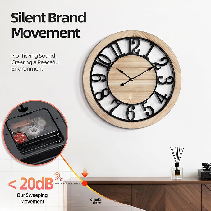 LEIKE 16 Inch Large Wall Clock - Rustic Wooden Silent Non-Ticking Wall Clock with Black Metal Frame, Vintage Farmhouse Decorative for Living Room, Bedroom, Kitchen - Arabic Numerals, Modern Design