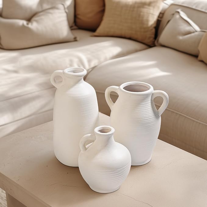 Sunddo White Vase with Handle, 10 inch Ceramic Rustic Vase, Farmhouse Decor, Boho Modern Decorations, Table, Living Room, Shelf, Mantel Decor