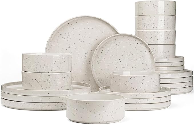 Famiware Nebula Plates and Bowls Set, 24 Pieces Dinnerware Sets, Dishes Set for 8, Creamy White with Colorful Speckles