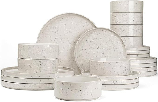 Famiware Nebula Plates and Bowls Set, 24 Pieces Dinnerware Sets, Dishes Set for 8, Creamy White with Colorful Speckles