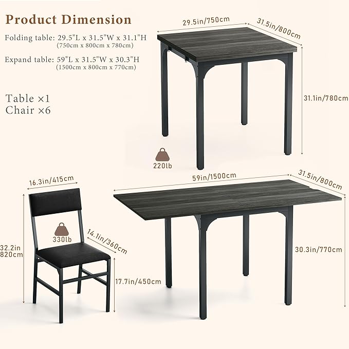 7-Piece Dining Table Set for 4-6, Extendable Kitchen Table Cushion Chairs Set of 6 with 6 Chairs, Rectangle Dining Table with Metal Frame & MDF Board, Folding for Small Apartment Saving Space,Grey Oak