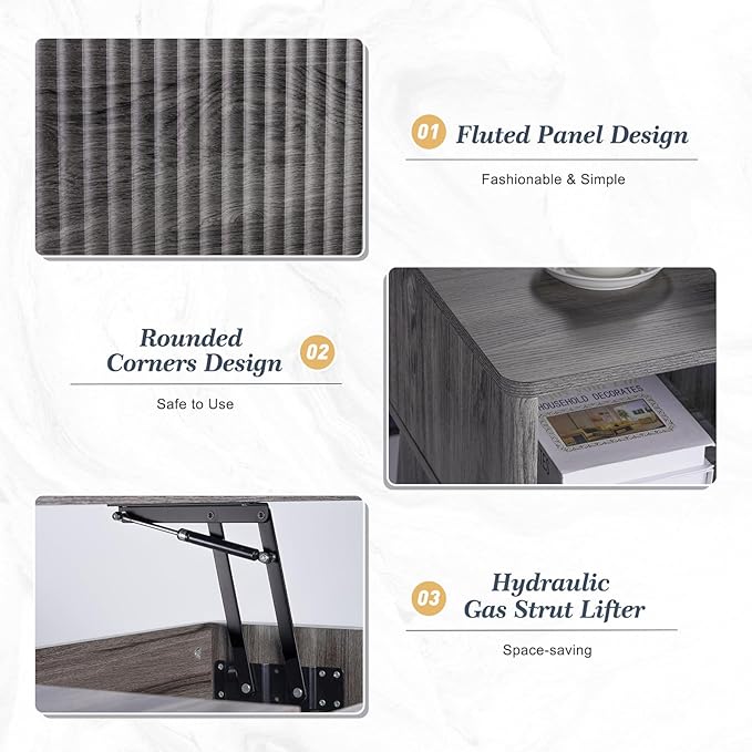 LYNCOHOME Fluted Lift Top Coffee Table with Storage,Modern Center Table for Living Room, Home Office（Grey）