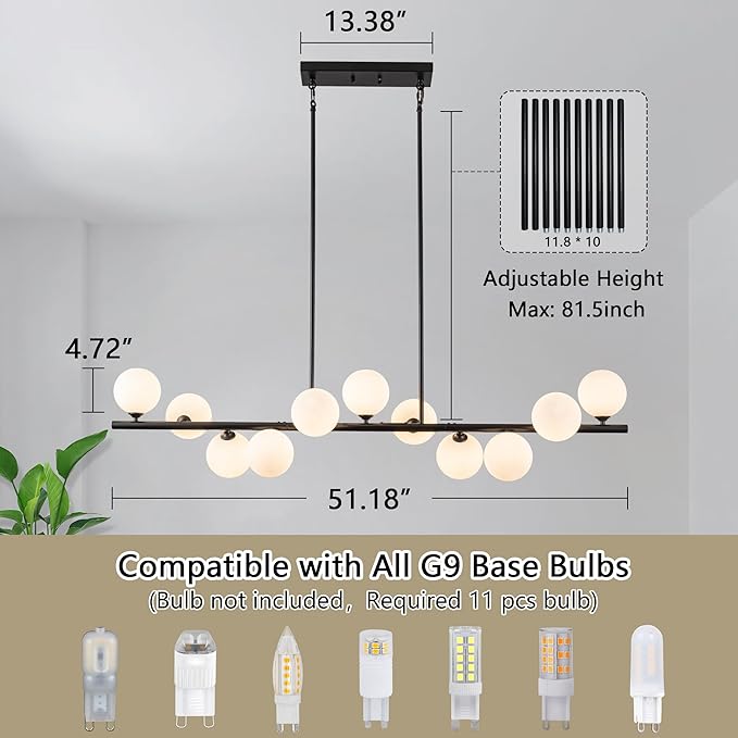 Linear Chandeliers for Dining Room,11 Light Modern Chandelier Black Sputnik Chandelier with Milk White Glass Globe Large Dining Room Light Fixture Over Table, Kitchen Island