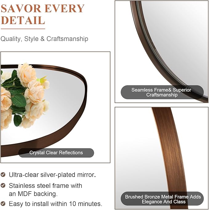 ANDY STAR Bronze Bathroom Mirror, 24"x36" Oil Bronze Asymmetrical Wall Mirror in Stainless Steel Metal Frame, Unique Vanity Mirror with Modern Curved Design, Ideal for Bathroom, Bedroom, Entryway