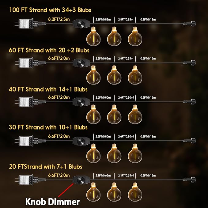 Outdoor String Lights 100ft LED Hanging Globe Patio Lights with G40 Shatterproof Bulbs(34+3 Bulbs), Waterproof Connectable Hanging Light for Indoor Outdoor Decor Garden Camping Backyard Porch