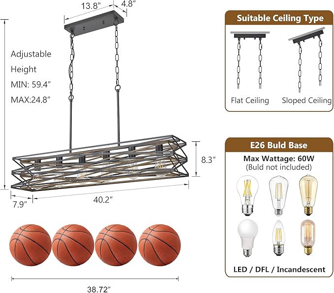 40''Large Farmhouse Rectangular Chandeliers for Dining Room,6-Light Black Matte Dining Light Fixture,Modern Industrial Pendant Lights Kitchen Island,Linear Chandelier with Retro Wood Texture Interior