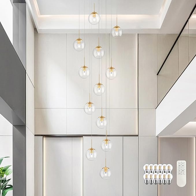 KoKo&Yukina 12-Light Gold Mid Century Modern Chandelier for Living Room Staircase Chandelier for Entryway Clear Globe Glass Chandelier High Ceiling Chandeliers Foyer Entryway (Bulb & Remote Incl.)